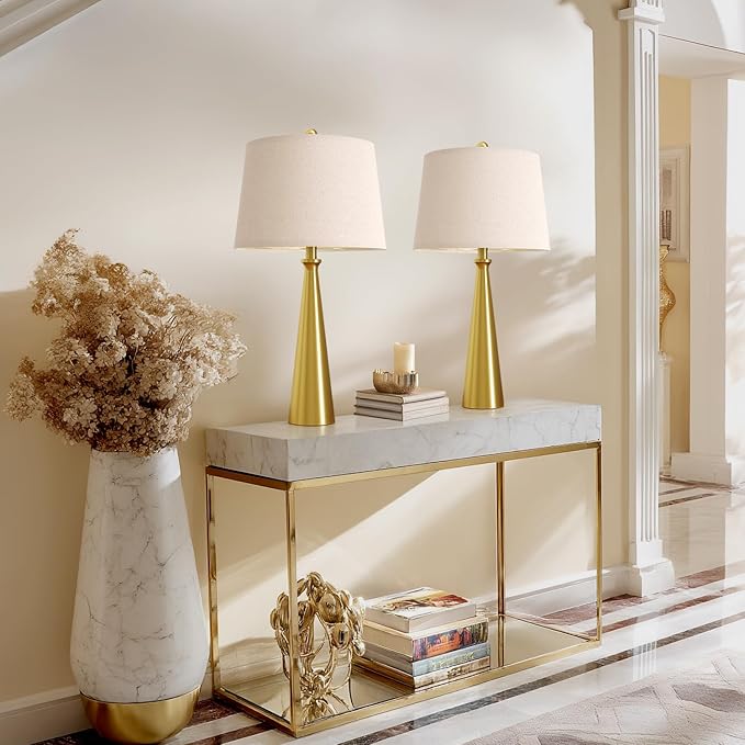 Oneach 25.75" Modern Table Lamp Set of 2, Bedside Lamps with USB Ports, Brass Gold Nightstand Lamps Set for Living Room Bedroom House Bedside Home Office Family