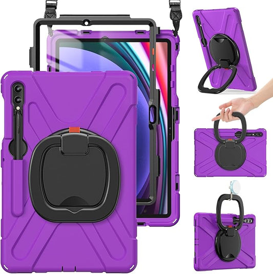 BRAECN Case for Samsung Galaxy Tab S10+/S9 FE+/S9+/S8+/S7 FE/S7+ 12.4” SM-X820/X610/X810/X800/T730/T970, Silicone Cover w/Screen Protector/Handle Grip/Kickstand/Shoulder Strap/S Pen Holder, Purple