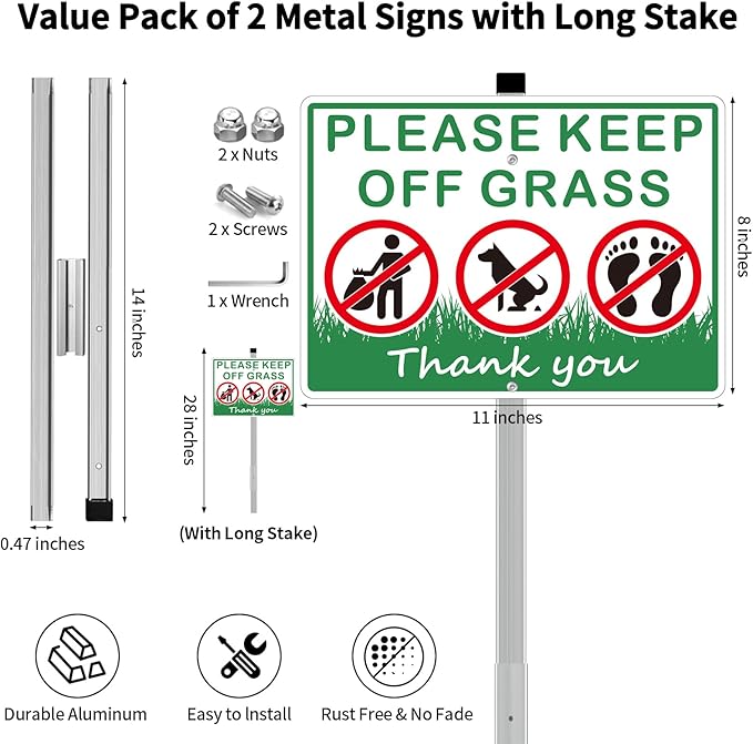 (2 Pack) Keep Off Grass Sign, Stay Off Grass Signs for Yard, 8x28 Heavy Duty Aluminum Keep Off Grass Signs - Weather Resistant and Easy to Install with Long Stake (Green)
