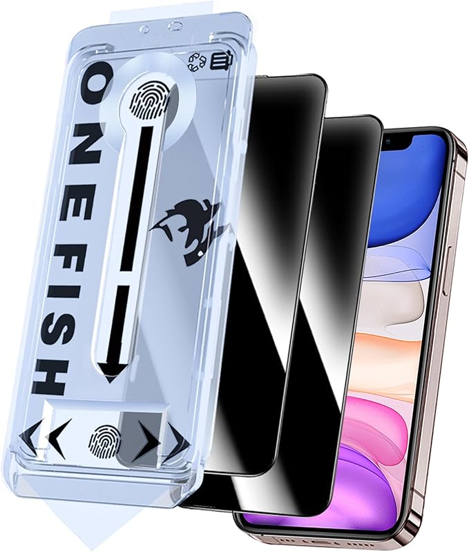 OneFish Screen Protector Privacy Glass for iphone 11/Xr, Anti-Spy Tempered Glass Private,Edge Protection Screen Protector with Installation Frame,9H Hardness Scratch Resistant, Bubble Free, 2 Packs.