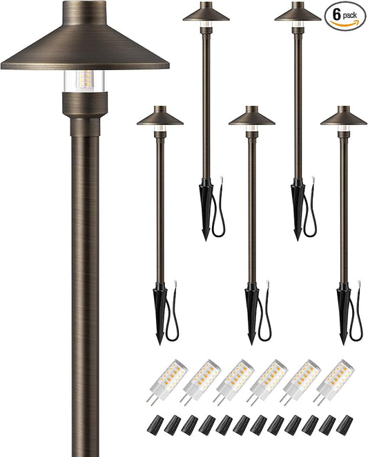 EDISHINE Solid Brass Low Voltage Landscape Lighting, 22" Tall 6" Shade with G4 Bulbs, 12V 350LM 3000K Heavy Duty Outdoor Landscape Path Light, Waterproof Bronze LED Pathway Lights Wired, 6 Pack