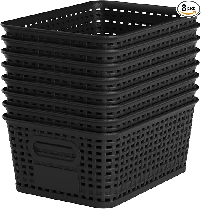 Black Plastic Storage Baskets - Pack of 8 with Labels Stackable Durable Storage Bins, Storage Containers for Organizing Desktops, Closets, Playrooms, Classrooms, Offices