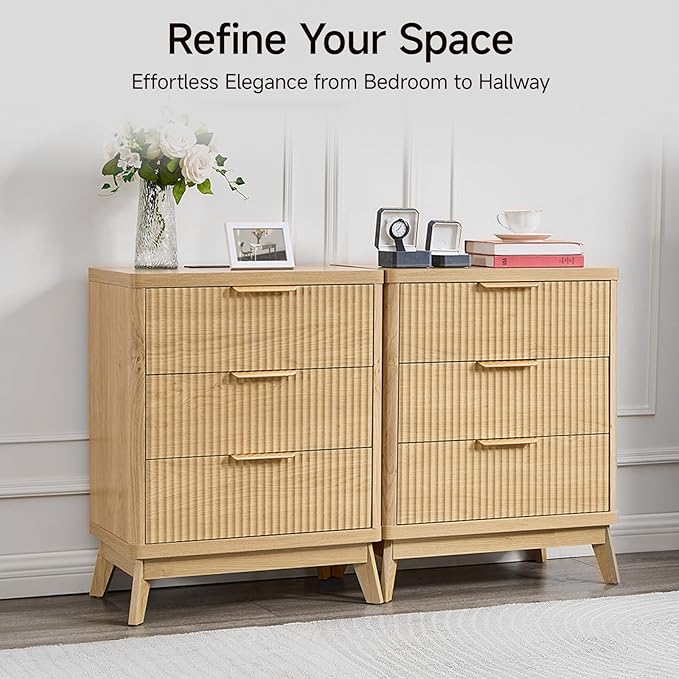 Fluted Nightstand with Charging Station, 23'' Modern Side Table with 3 Large Storage Drawers, Wide Night Stand Bedside End Table Tall Wooden Dresser for Bedroom