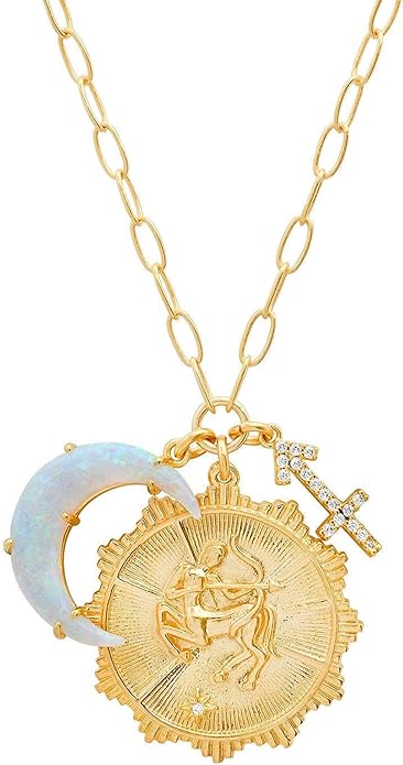 Gold Zodiac Sign Embossed Coin Opal Crescent Moon Charm Necklace for Women Trendy 18K Gold Plated Retro Paperclip Chain 12 Constellation Horoscope Necklaces Astrology Jewelry Gifts