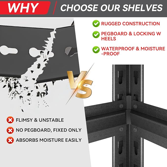 78" H 5-Shelf Metal Storage Shelves, 2000 lbs Garage Shelving Unit with Pegboard, Adjustable Industrial Heavy Duty Storage Rack with Wheels, 47.2" W x 18" D for Pantry Basement, Black