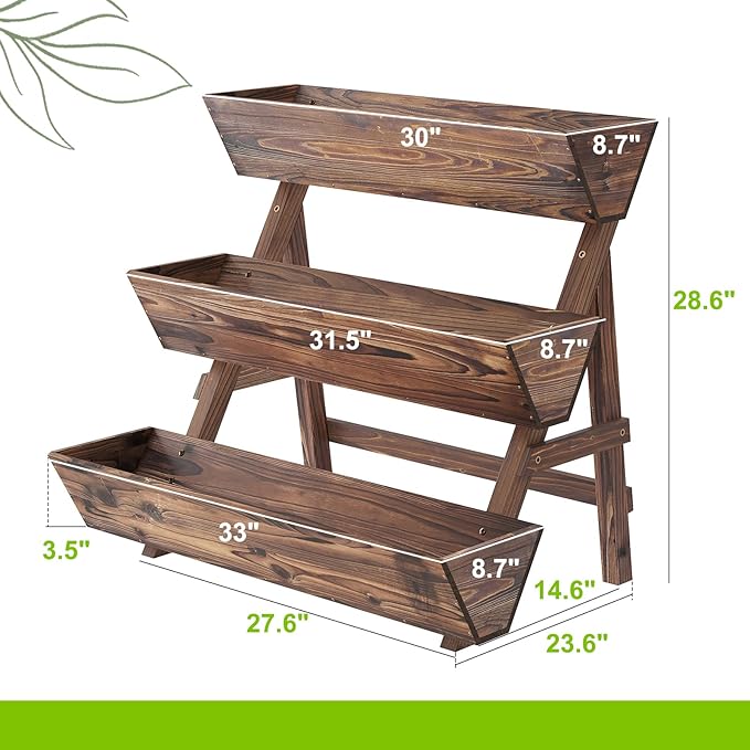 3-Tiers Wooden Raised Garden Bed Tiered Planter Box Vertical Garden Planter Wood Plant Stand for Patio, Balcony, Freestanding (Carbonized L)