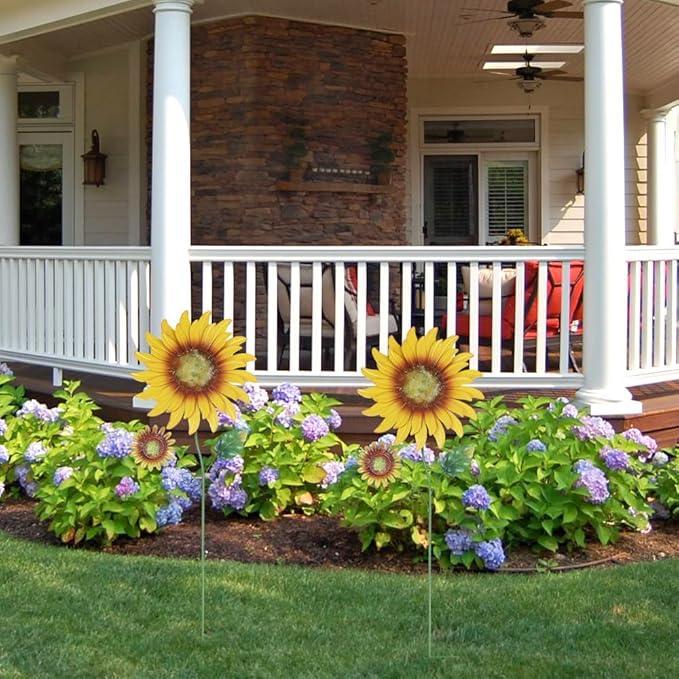 hogardeck Metal Sunflowers Decorative Garden Stakes, 2 Pack 33" Outdoor Garden Decor with Shaking Head Sunflowers Ornament Yard Stakes, Spring Yard Art Fairy Decorations for Patio Lawn