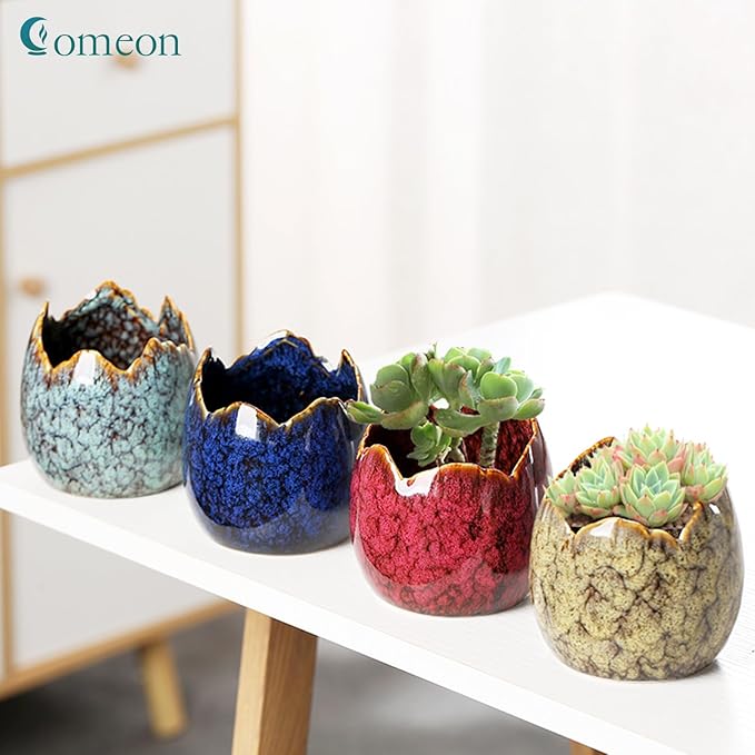 Simcat Succulent Pots with Drainage Half Dragon Egg Shell Design Ceramic Flower Pot 4 Cactus Planter Pots Marble Print Succulent Plant Pots + Bamboo Tray for Home Office Desktop Windowsill Décor