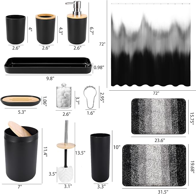 iMucci Bathroom Accessories Black Bathroom Sets with Shower Curtain and Rug, Black Ombre Waterproof Shower Curtain with Ultra Absorbent Rug Bathroom Accessories Set for Home Decor