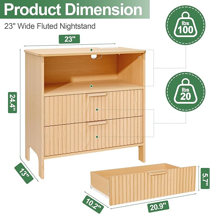 Fluted Nightstand Set 2 with Charging Station, Wood Night Stand with 2 Large Drawers and Storage Shelf, Natural Bed Side Tables Bedroom, Mid Century Modern Nightstand for Bedroom/Living Room
