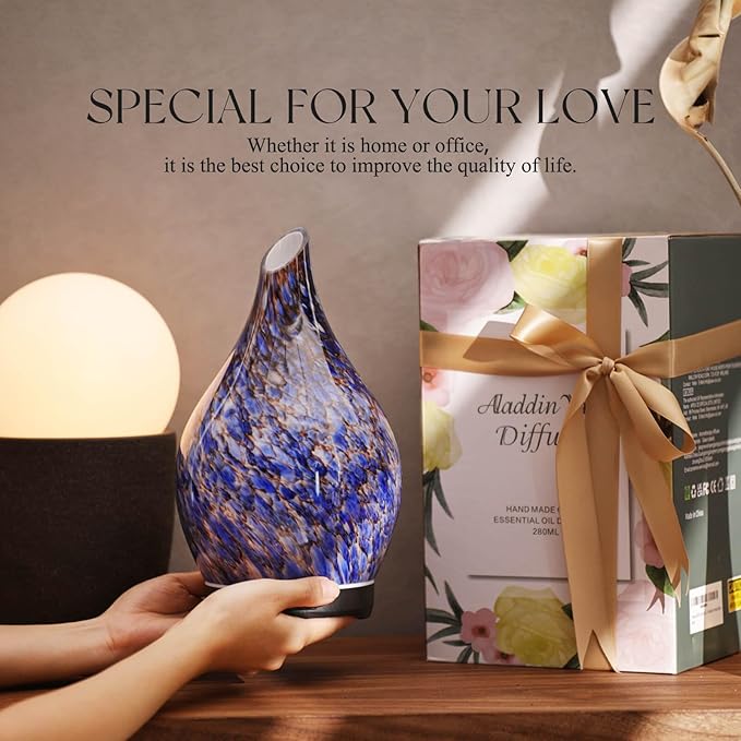 Porseme 280ml Essential Oil Diffuser Glass Color Changing Aroma Air Diffusers Aromatherapy Ultrasonic Cool Mist Humidifier 7 Running Hours Waterless Auto-Off for Sleeping, Yoga, Office (Deep Blue)