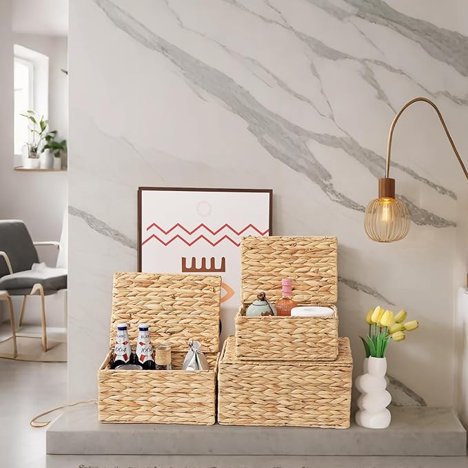 Rectangular Wicker Storage Baskets with Lids,Multi-size 3 Pack Natural Water Hyacinth Wicker Nesting Baskets,Decorative Storage Ratten Boxes for Organizing,Storage,and Gifts