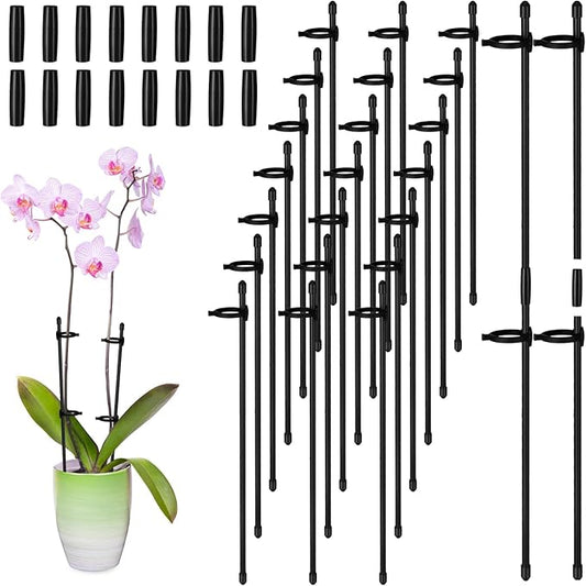 meekoo 30 Pcs Adjustable Garden Plant Support Stakes Single Stem Plant Cage Support Rings with Clips and Connect Pipe for Orchid Rose Tomato, 12 Inch (Black)