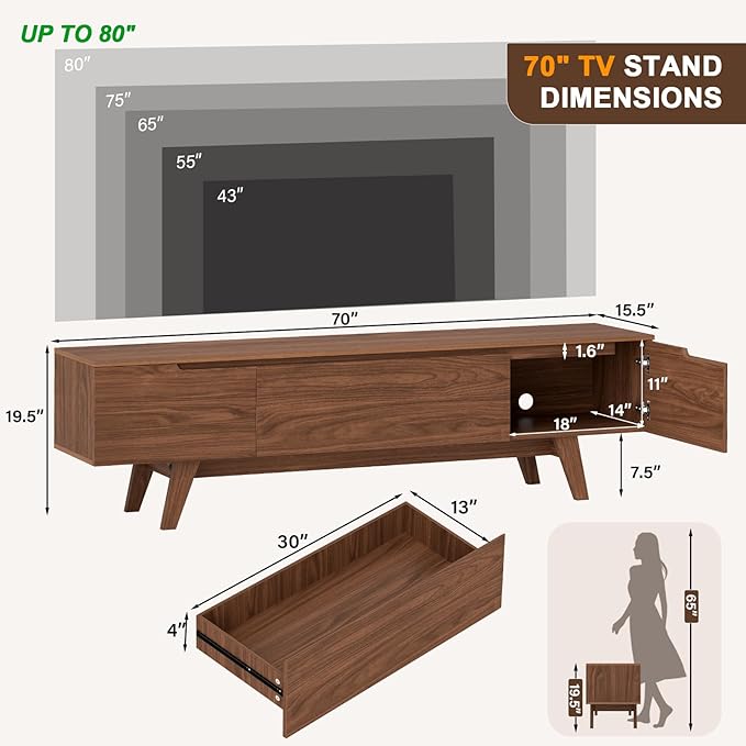 ANJ Mid Century TV Stand, Modern Long TV Console for 80 inch TV, Entertainment Center with Ample Large Storage Cabinet, Wooden Television Furniture for Living Room (Walnut 70")