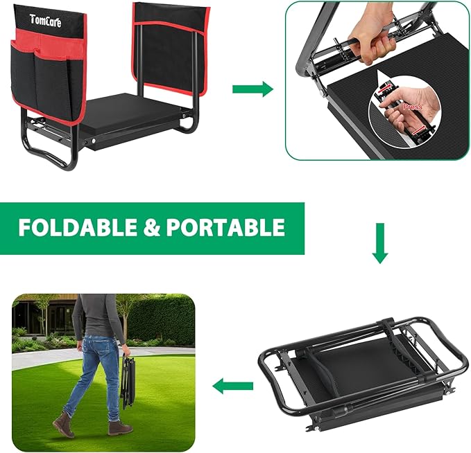 TomCare Garden Kneeler and Seat 10.64” Wider Larger Soft Kneeling Pad Garden Bench with 2 Large Tool Pouches Heavy Duty Garden Stool Foldable Tools Gardening Gifts for Women Men Gardeners,Black