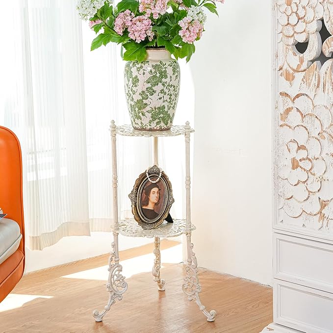 Sungmor Vintage Cast Iron 2-Tier Plant Stand, Elegant Butterfly & Floral Design with Antique White Finish, 24 Inch Tall Rustic Flower Pot Holder, Heavy Duty Metal Display Shelf for Indoor and Outdoor