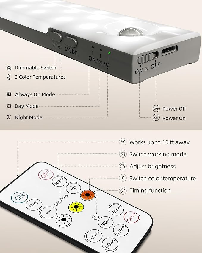 EZVALO 6-Pack Under Cabinet Lighting with Charging Station, 2000mAh Rechargeable Wireless Motion Sensor Lights, 3 Color Temps, Dimmable, Timer, Magnetic, with Remote Control for Kitchen, Closet, Stair
