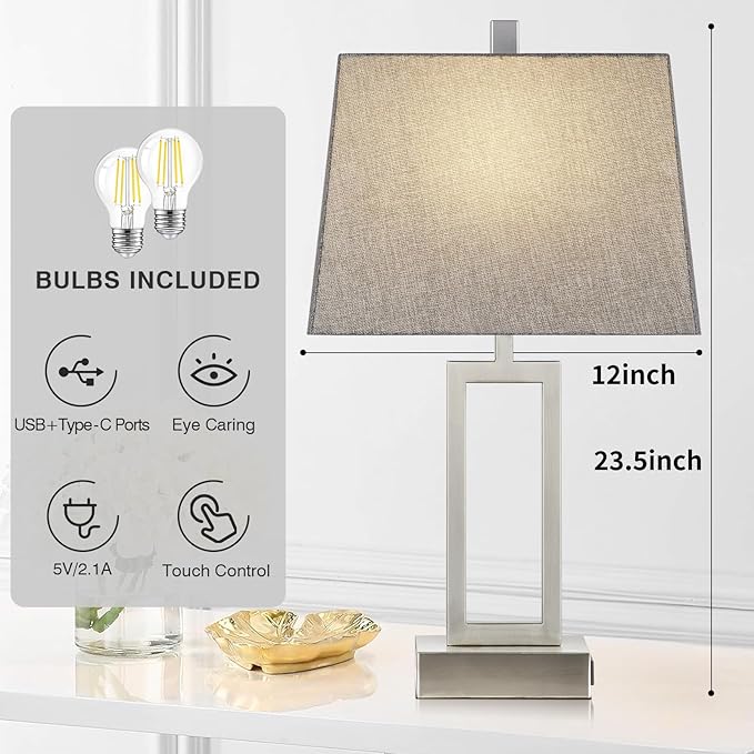 23.5" Touch Control Table Lamps, Metal Bedside Lamp for Bedroom Set of 2 with USB A+C Ports & AC Outlet, 3-Way Dimmable Nightstand Lamp for Living Room (LED Bulb Included)