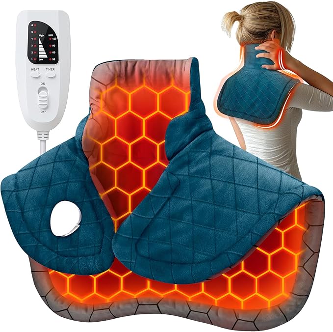 Graphene-Infused Heating Pad for Neck and Shoulders and Back Pain Relief,Upgraded Weighted 3X Deeper Heat Therapy Wrap with 6 Temperature Settings & 4 Auto-Off Timers,Large Heated Wrap, 23"x19"