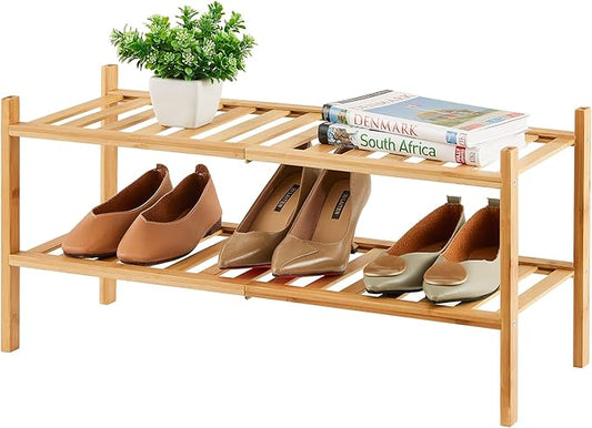 2-Tier Bamboo Shoe Rack for Entryway, Bamboo Wood Shoe Organizer for Hallway Closet, Free Standing Shoe Racks for Indoor Outdoor