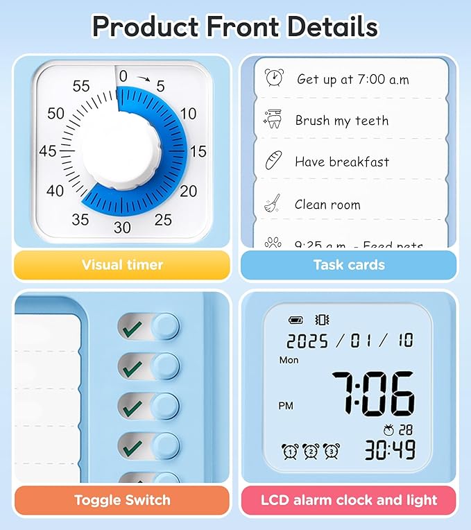 3-in-1 Visual Timer & ADHD Tool for Kids Adults, ADHD Task Timer with Chore Chat Board Schedule, Homeschool (Blue)