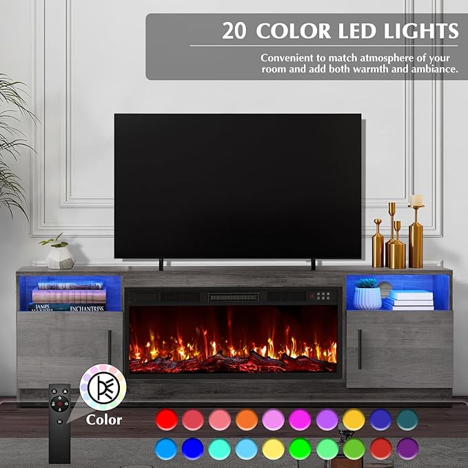 Lemberi Fireplace tv Stand with 36 inch Fireplace Up to 80" TVs,LED Light Entertainment Center and Storage, 70" Modern Wood Media TV Console with Highlight Cabinet for Living Room (Gray)