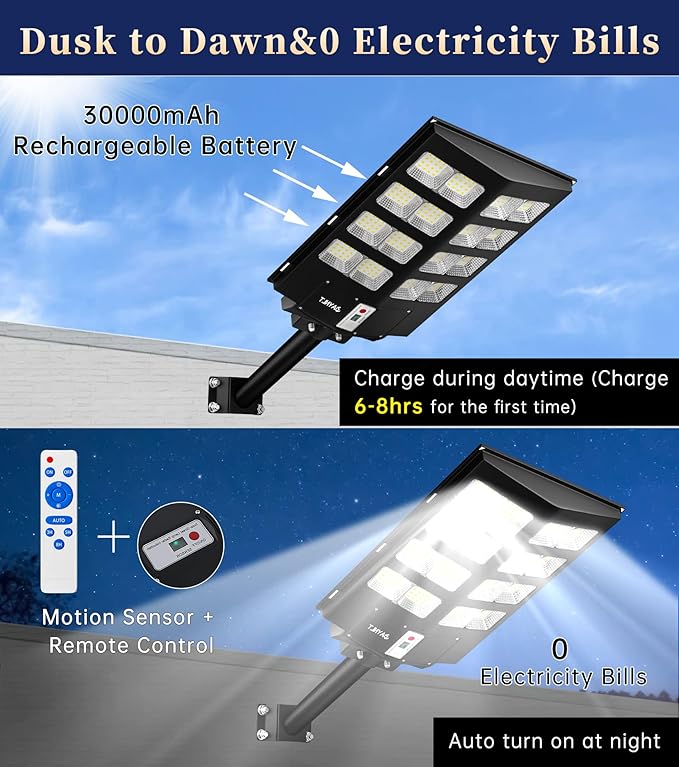 JAYNLT Y-3000W Solar Street Lights Outdoor,300000LM 6500K Commercial Parking Lot Lights Dusk to Dawn, Waterproof Solar Security Flood Lamps with Motion Sensor and Remote for Street, Garden,Farm