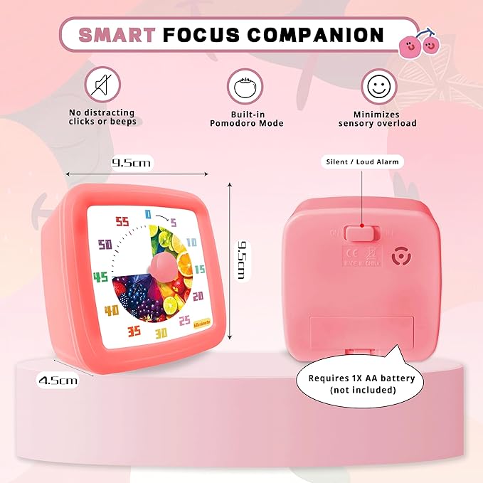 Visual Timer for Kids 60 Minute, Fruit Themed Silent Countdown Clock for Girls & Boys, Time Management Tool for Classroom, Kitchen, Toddler ADHD, Autism, Study, Pomodoro