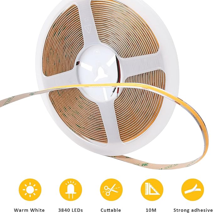 INDARUN COB Led Strip Light Warm White 3000K Dimmable, 32.8ft/10M Led Tape Light for Room Decor, 24V COB Led Strip, APP Control, Cuttable Led Light Strip for Shelf Lights, Bedroom