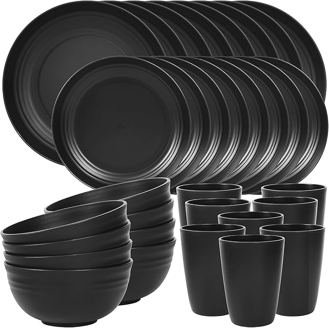 Quatish 32 Piece Plates and Bowls Sets for 8, Unbreakable Dinnerware Sets, Plastic Dish Set for Camping, Dishwasher Microwave Safe, Outdoor Kitchen and Apartment Dinning RV Essentials, Black