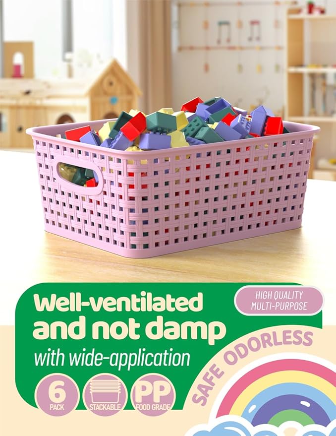 WYT 6-Pack Plastic Small Shelf Storage Weave Baskets Organizing for Cabinets and Pantries, Lavender Purple
