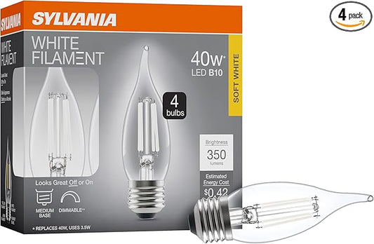 Sylvania B10 Clear LED White Filament Bulb, 3.5W, Dimmable, 350 LMS, Medium Base, 2700K, Soft White - 4 Pack (42258)