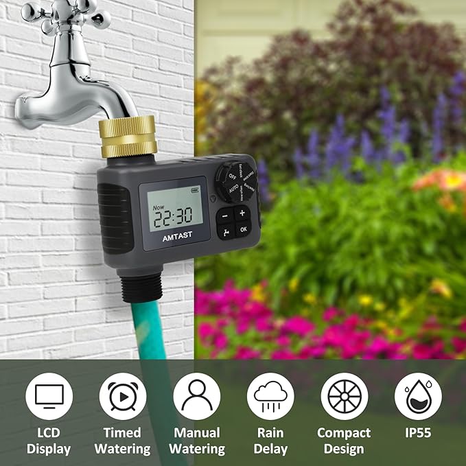 Sprinkler Timer with Brass Swivel Programmable Water Timer with Rain Delay/Manual/Automatic Drip Irrigation Function Watering System for Yard Crops Lawns Pool, 1 Outlet