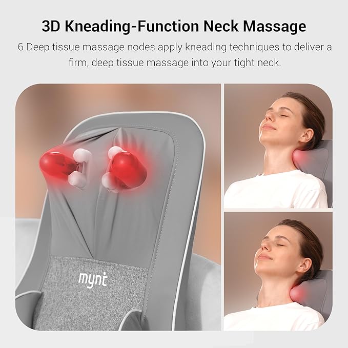 Mynt 2D & 3D Shiatsu Neck and Back Massager for Chair with 10 Deep Kneading Nodes, Adjustable Back Massage with Heat, Portable Massage Chair Pad (Gray)