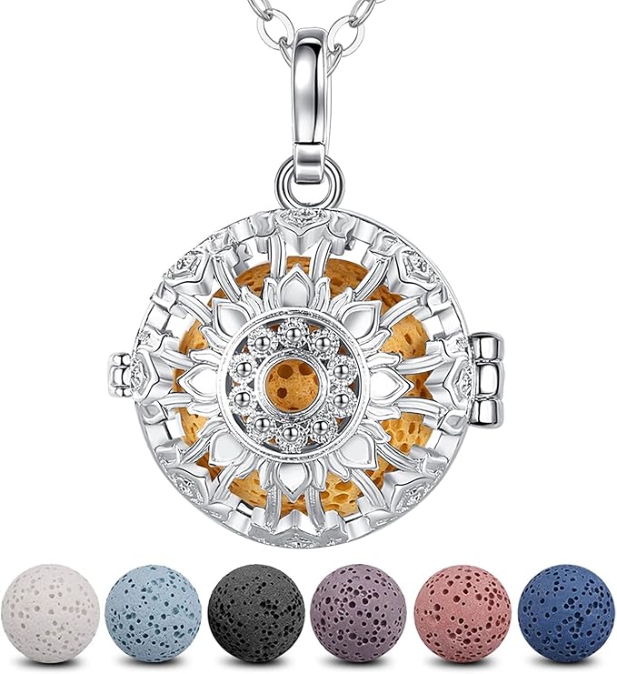INFUSEU Aromatherapy Gifts Sunflower Necklaces for Women Essential Oil Diffuser Jewelry Lava Rock Stone Pendant Aroma Perfume Spiritual Items for Meditation Yoga