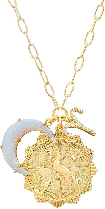 Gold Zodiac Sign Embossed Coin Opal Crescent Moon Charm Necklace for Women Trendy 18K Gold Plated Retro Paperclip Chain 12 Constellation Horoscope Necklaces Astrology Jewelry Gifts