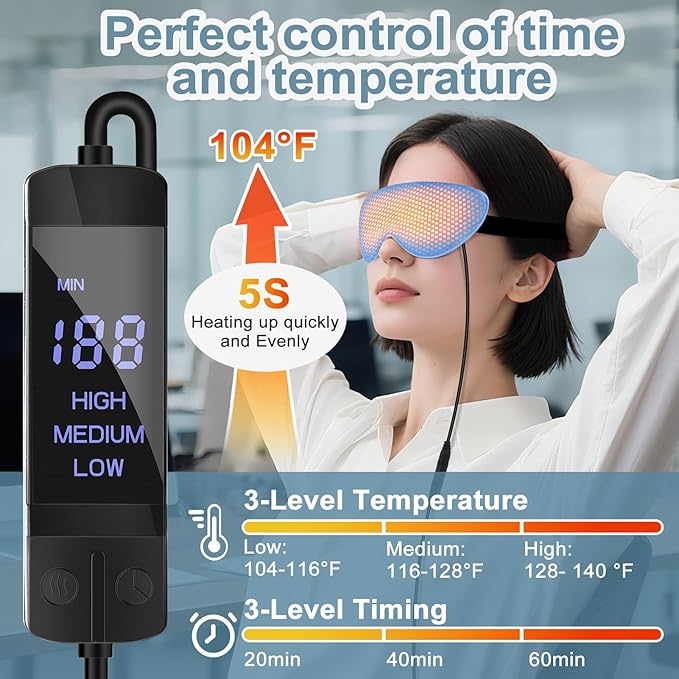 Heated Eye Mask for Dry Eyes, USB Electric Warm Eye Compress Heat Eye Masks with Temperature&Timer Control, Eye Heating Pad for Dry Eyes, Stye Treatment, Chalazion, Blepharitis, MGD, Puffy