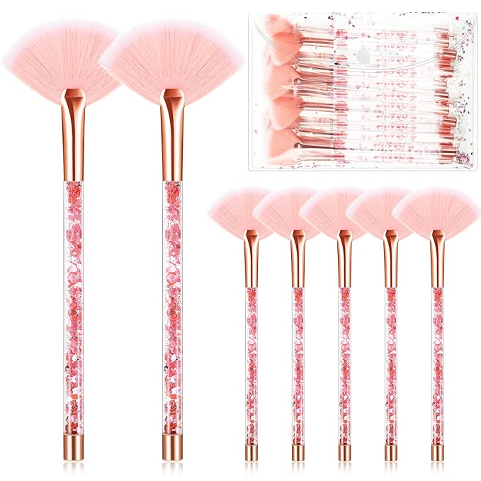 12 Pcs Fan Brushes for Facial Mask Brushes with Glitter Quicksand Handle Cosmetic Facial Fan Brushes Soft Facial Mask Brush Applicator Facial Peel Applicator Face Mask Tools with Pouch (Pink)