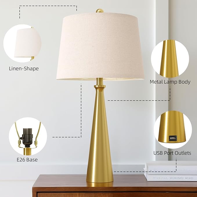 Oneach 25.75" Modern Table Lamp Set of 2, Bedside Lamps with USB Ports, Brass Gold Nightstand Lamps Set for Living Room Bedroom House Bedside Home Office Family