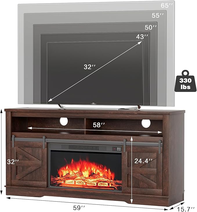 YESHOMY Fireplace TV Stand for Television up to 65+ Inch with Storage and Farmhouse Sliding Barn Doors, Entertainment Center with Cabinet and Shelves, Media Console for Living Room, Dark Brown
