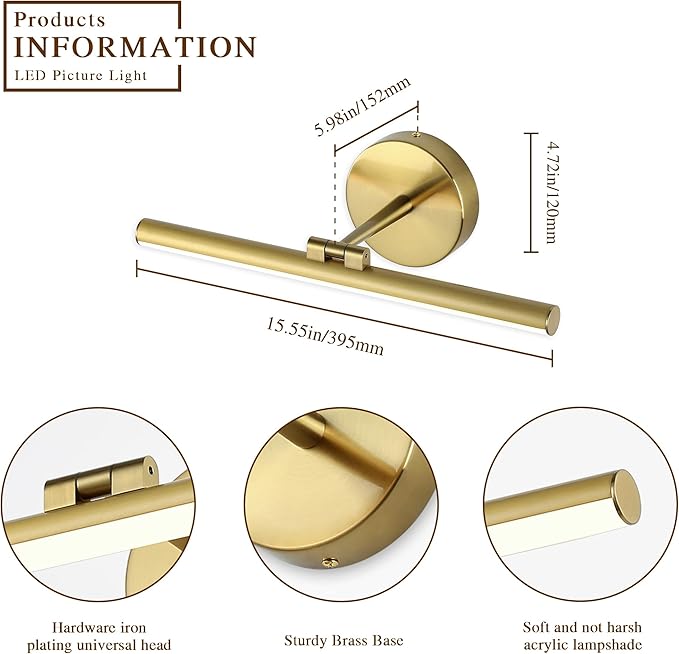 Hardwired Adjustable Lighting Gold Modern LED Picture Lights for Paintings 15.7'' Inch Long Swing Arm Metal Art Lights Warm White 3000K