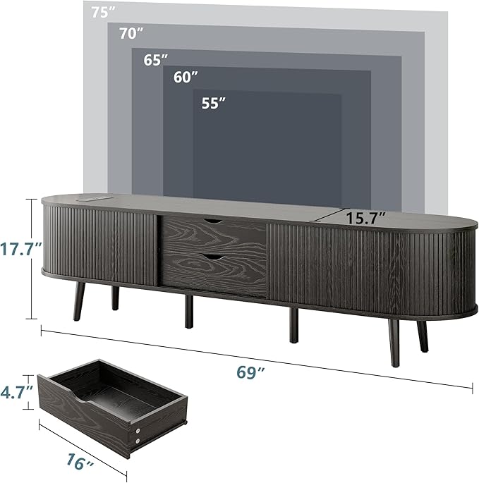 Alohappy 69" Mid Century Modern TV Stand with Power Outlet, Farmhouse Curved Edge TV and Media Console Table with Drawer and Shelf, Fluted Entertainment Center for Living Room, Bedroom, Black