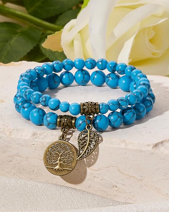 Bivei Natural Semi Precious Gemstone beads bracelet for women - Life Tree and Leaf Charm Energy Reiki Crystal Stretch Bracelets
