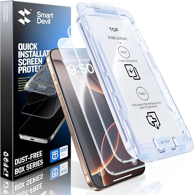 SMARTDEVIL 2 Pack Screen Protector for iPhone 16 Pro Max (6.9 Inch) Tempered Glass, HD Clear Film, Easy Installation, Dust-Free & Bubble-Free