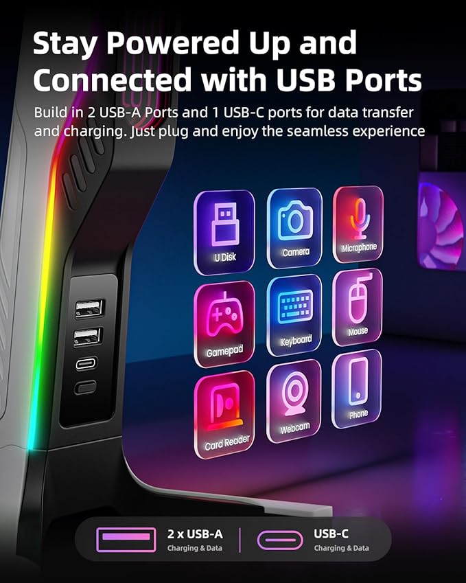 RGB Gaming Headset Stand with 2 USB and 1 Type-C Ports, Game Headphone Mount for PC Computer, Xbox One, Xbox Series S/X, PS5, PS4, Earphone Holder Hanger, Desk Gamer Accessories, Black&White