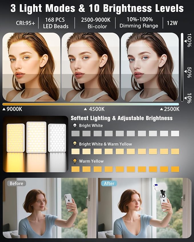 168 LED Portable Selfie Light Video Conference Light with Front & Back Clip, Rechargeable 3 Light Modes for Phone, iPhone, Android, iPad, Camera, Laptop, Makeup, Tiktok, Vlog(White)