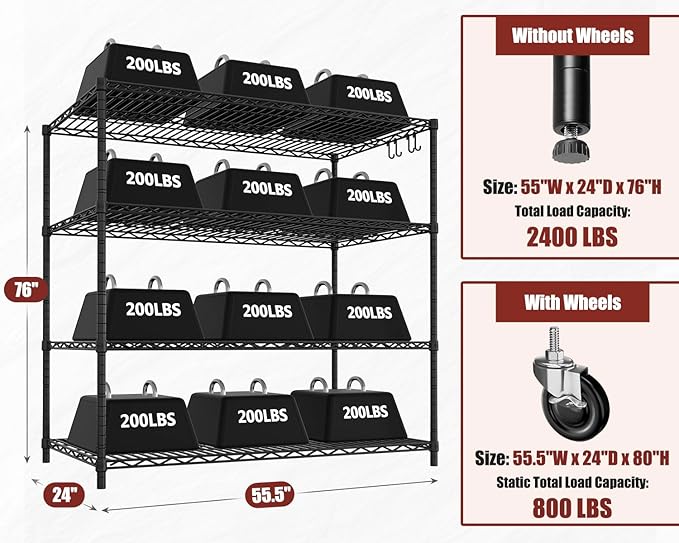PrimeZone 55.5" W x 24" D x 80" H Heavy Duty Wire Storage Shelves with Wheels, 4 Tier Adjustable NSF Certified Garage Shelving Unit, Rolling Metal Organizer Shelf Rack for Warehouse, Pantry, Black