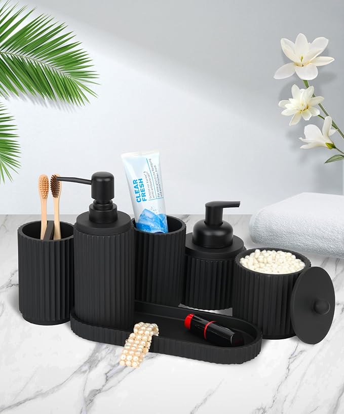 Black Bathroom Accessories Set 6 Pcs - Toothbrush Holder,Lotion Soap Dispenser,Foaming Soap Dispenser,Qtip Holder Dispensers,Vanity Tray,Bathroom Tumbler - Countertop Organizer-Bathroom Accessory Set
