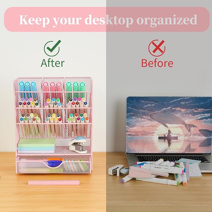 Spacrea Pen Holder Desk Organizer - Desk Organizers and Accessories, Pencil Holder with 10 Compartments and 1 Drawer（Pink）