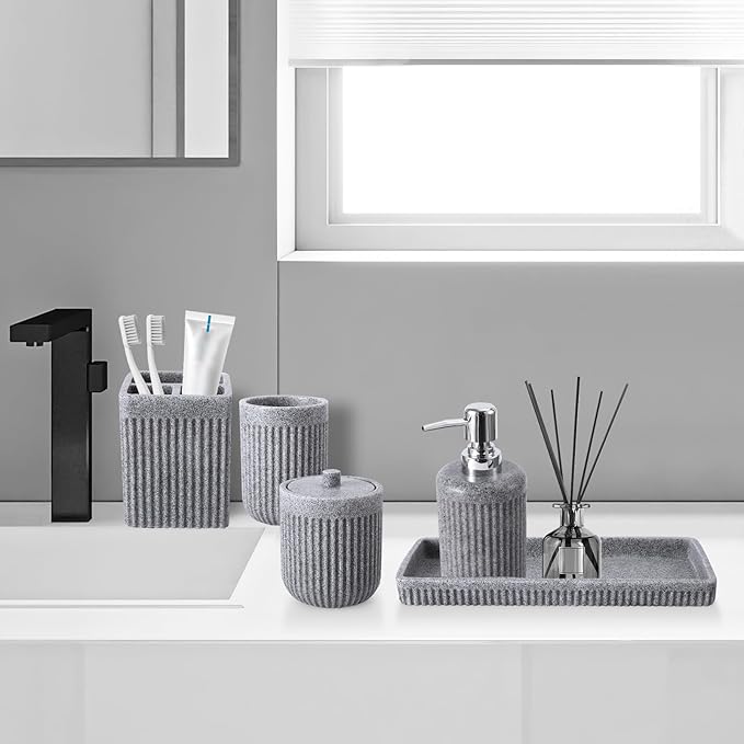 Resin Grey Bathroom Accessories Set 5 Pcs, Lotion Soap Dispenser, Toothbrush Holder, Bathroom Tumbler, Qtip Holder and Vanity Tray, Bathroom Countertop Organizer Set for Modern Home Apartment